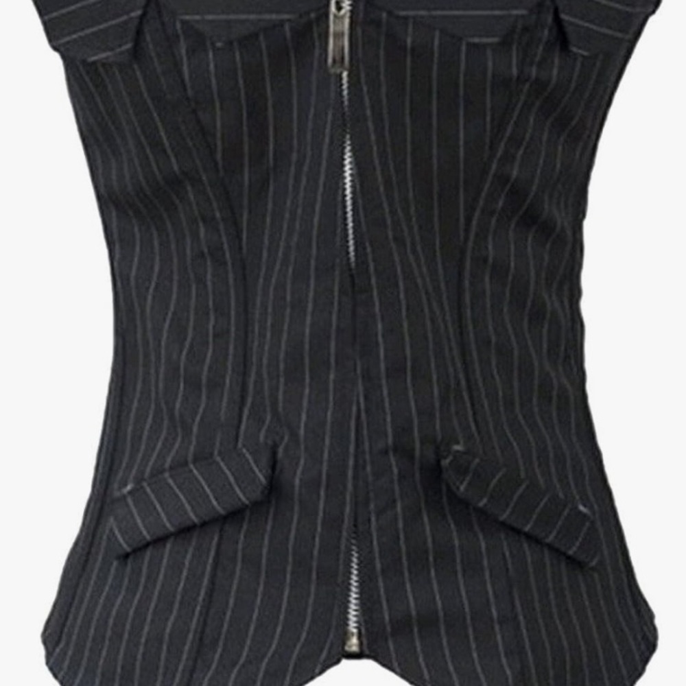 PhilaeEC Women's Striped Corset Zip Front Lace up Boned Bustier (Black, Small)